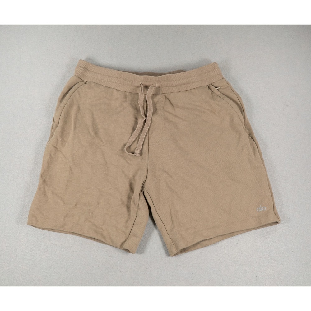 Alo Yoga Mens Sweat Shorts Tan Relaxed Fit Drawstring Pockets Size L Athleisure
